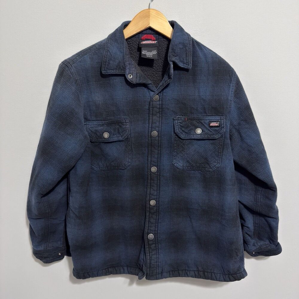 Dickies Sherpa Fleece Lined Flannel Shacket Jacket Plaid Blue Men Medium